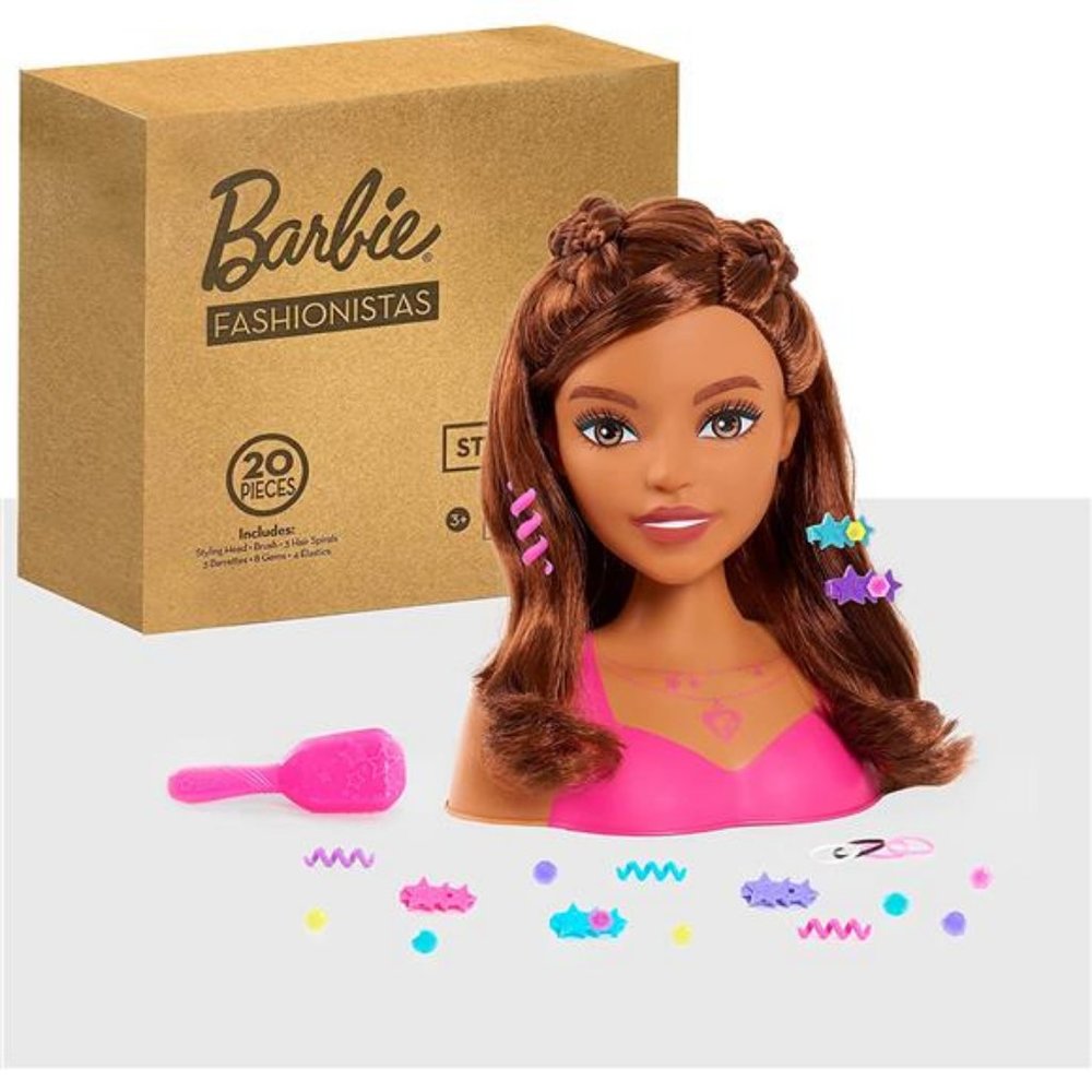 Barbie Fashionistas 8-Inch Styling Head, Brown Hair, 20 Pieces Include Styling